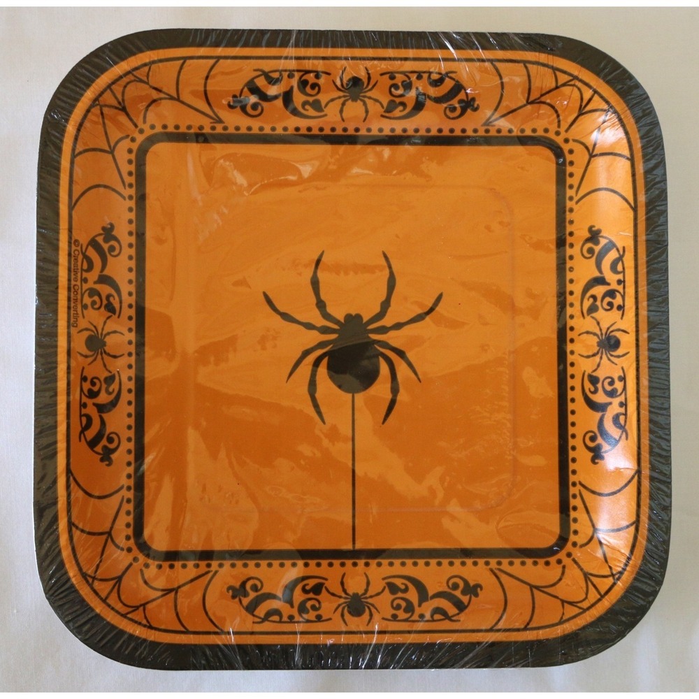 NIP Creative Converting Paper Plates Orange New Halloween Spider Web Square